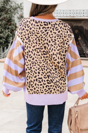 Purple Stripe Color Block Patchwork Leopard Casual Sweatshirt with Slits - Image 2