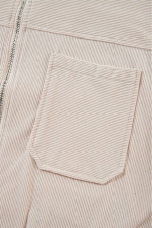 White Corduroy Drawstring Hooded Pocket Zip Up Jacket - Image 7