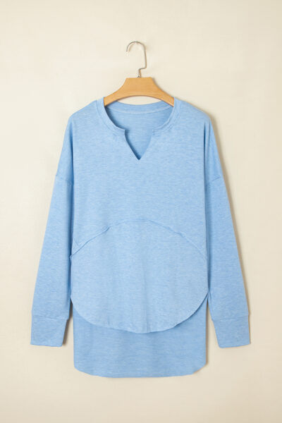 Myosotis Notched Neck Terry Raw Hem Long Sleeve Top