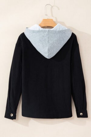 Black Hooded Drawstring Pockets Corduroy Shacket - Image 5