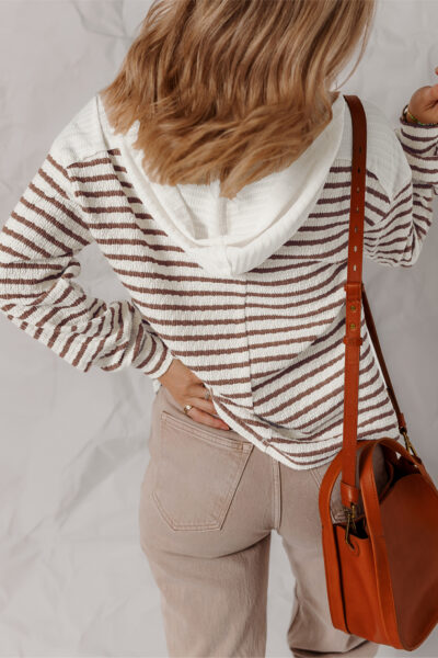 Khaki Stripe Textured Hooded V Neck Casual Long Sleeve Top