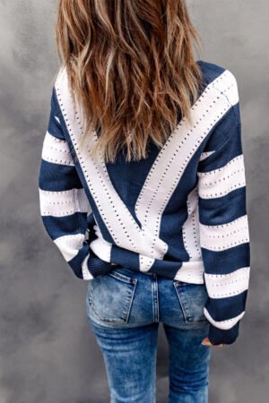Alternative view of Blue Striped Colorblock V Neck Knitted Sweater