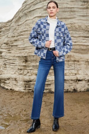 Light Blue Checkered Patchwork Button up Denim Jacket - Image 6