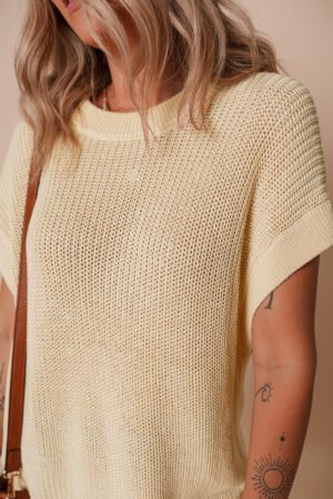 Alternative view of Oatmeal Solid Color Batwing Short Sleeve Round Neck Knit T Shirt