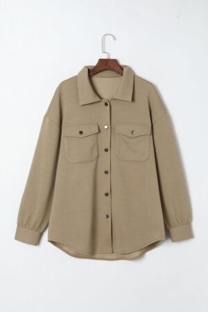 Khaki Solid Textured Flap Pocket Buttoned Shacket - Image 5