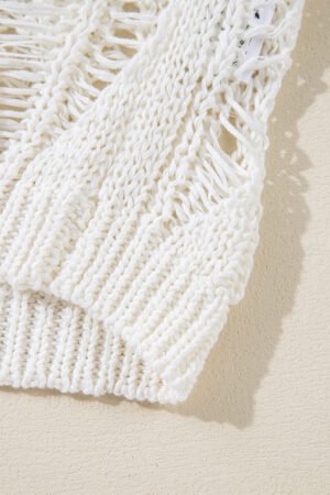 White Cut Out Crochet Crew Neck Loose Fit Sweater - Image 7
