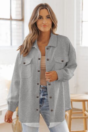 Gray Solid Textured Flap Pocket Buttoned Shacket - Image 4