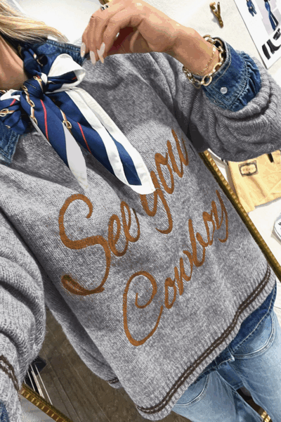 Light Grey See You Cowboy Embroidered Western Graphic Sweater