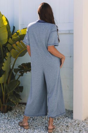 Beau Blue Half Placket Chest Pockets Short Sleeve Wide Leg Jumpsuit - Image 4