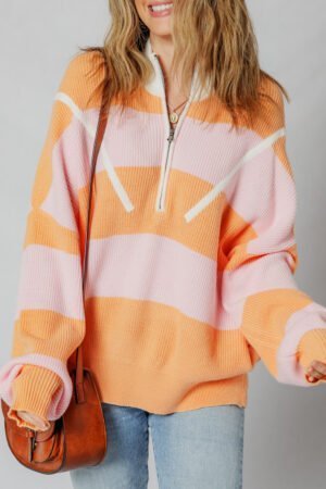 Orange Stripe Colorblock Half Zip Oversize Sweater - Image 3