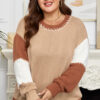 Light French Beige Contrast Stitch Detail Color Block Knitted Plus Size Sweater