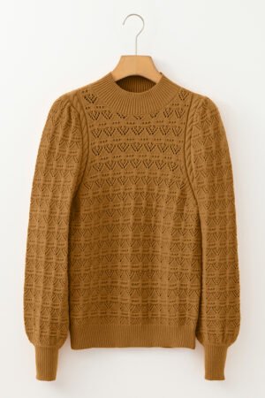 Jurassic Gold Hollow Out Crochet Ribbed Edge Balloon Sleeve Sweater - Image 6