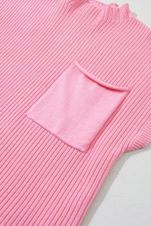 Pink Patch Pocket Ribbed Knit Short Sleeve Sweater - Image 8