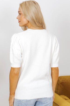 White Multicolor Stitch Detail Cable Knit Short Sleeve Sweater - Image 3
