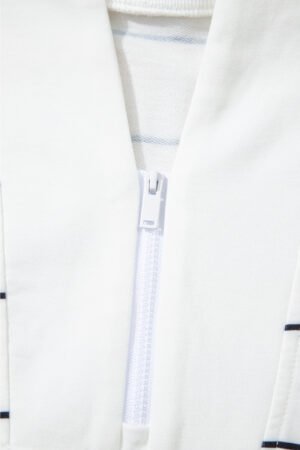 White Zip V Neck Casual Stripe Print Drop Shoulder Long Sleeve Top - Image 8