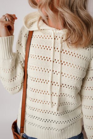 White Pointelle Knit Raglan Sleeve Hooded Sweater - Image 5