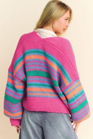 Rose Stripe Colorful Puff Sleeve Drop Shoulder Loose Cardigan - Image 2