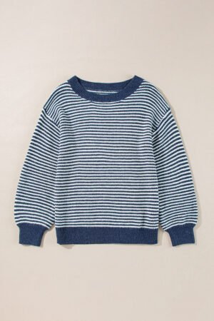 Sail Blue Striped Lantern Sleeve Drop Shoulder Cozy Sweater - Image 5