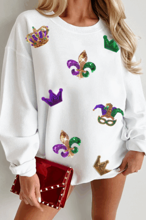 White Sequin Mardi Gras Symbol Crown Mask Patched Corded Sweatshirt - Image 3