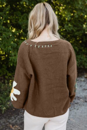 Coffee Big Flower Pattern V Neck Drop Shoulder Sweater - Image 3