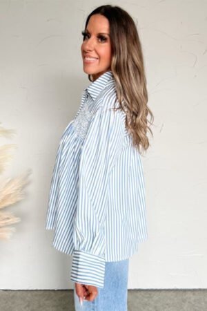 Sky Blue Stripe Shirred Detail Half Placket Collared Long Sleeve Fall Shirt - Image 3
