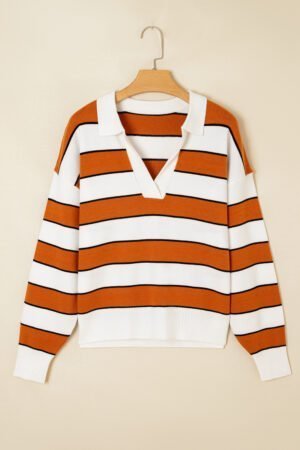 Brown Stripe Ribbed Polo Collar Drop Shoulder Sweater - Image 5