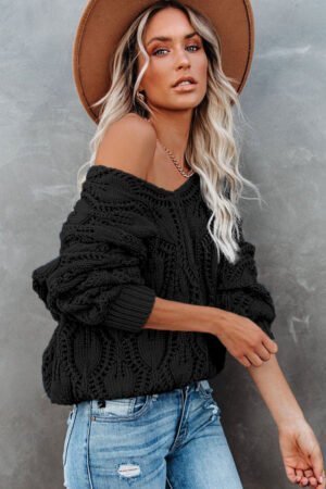 Black Crochet Knit Ribbed Hem Hollow-out Sweater - Image 2