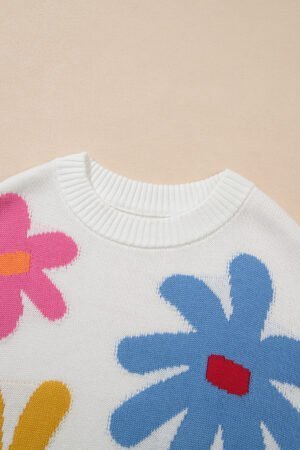 White Colorful Big Flower Pattern Crewneck Sweater - Image 7