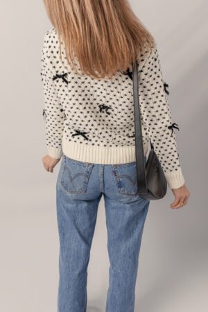 Beige Bow Decor Color Contrast Ribbed Edge Crew Neck Sweater - Image 3