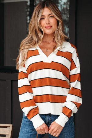 Brown Stripe Ribbed Polo Collar Drop Shoulder Sweater - Image 9