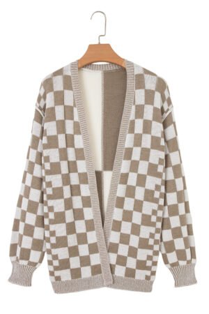 Brown Checkered Open Front Drop Shoulder Cardigan - Image 15