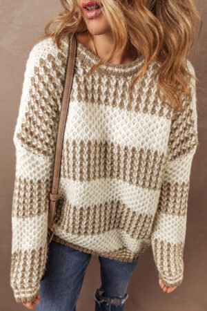 Brown Stripe Drop Shoulder Round Neck Loose Sweater - Image 4
