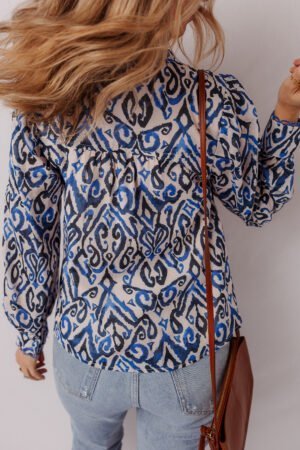 Blue Bohemian Print Embroidered V Neckline Detail Long Sleeve Shirt - Image 2