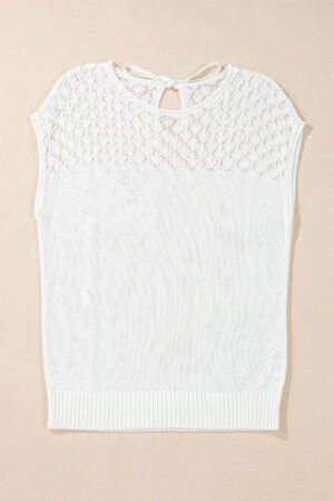 White Eyelet Knit Tied Back Short Sleeve Sweater - Image 4