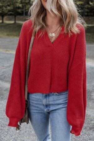 Racing Red Solid Textured Knit V Neck Drop Shoulder Sweater - Image 5