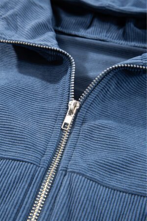 Real Teal Corduroy Drawstring Hooded Pocket Zip Up Jacket - Image 8