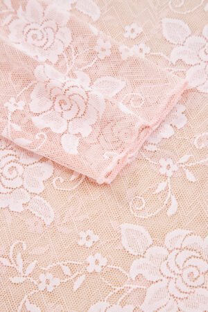 Apricot Pink Sheer Floral Lace Mesh Mock Neck Long Sleeve Top - Image 8