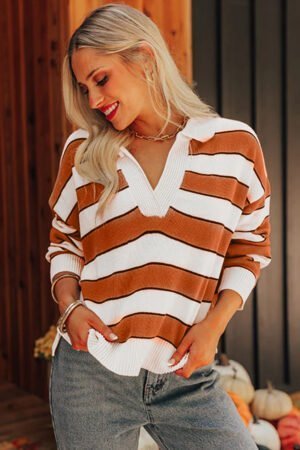 Brown Stripe Ribbed Polo Collar Drop Shoulder Sweater - Image 4
