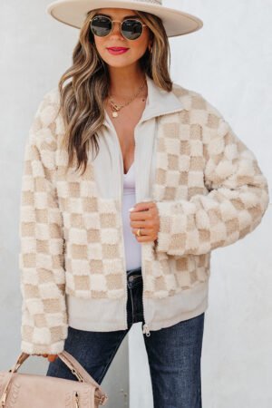 Khaki Checker Sherpa Corduroy Patchwork Zip up Collared Jacket - Image 8