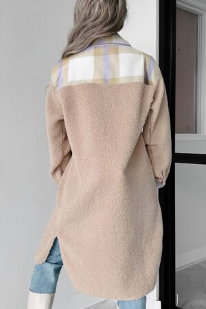 Alternative view of Smoke Gray Plaid Patchwork Collared Button-up Sherpa Long Coat