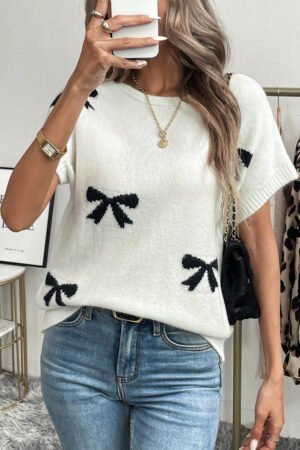 White Bow Pattern Knit Short Sleeve Sweater - Image 6