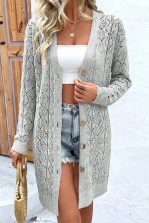 Gray Hollow Out Buttons Front Long Cardigan - Image 4