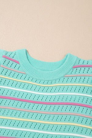 Green Colorful Striped Eyelet Knit Ruffled Sleeve Sweater T Shirt - Image 8