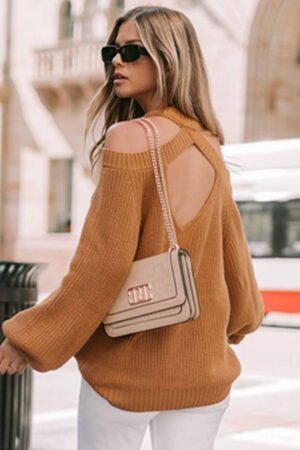 Brown Crew Neck Cold Shoulder Hollow-out Back Sweater - Image 4