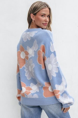 Beau Blue Floral O Neck Drop Shoulder Knitted Sweater - Image 2