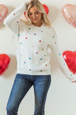 Beige Sequin Heart Shape Waffle Knit Round Neck Sweater - Image 5