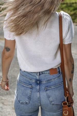 White Pointelle Knit Short Puff Sleeve Crewneck Sweater - Image 3