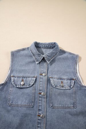 Beau Blue Denim Flap Pocket Curved Hem Shirt Vest - Image 7