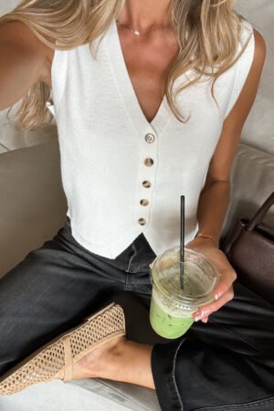 White V Neck Buttoned Sweater Vest - Image 3
