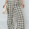 Gray Plaid Wide Leg Casual Pants